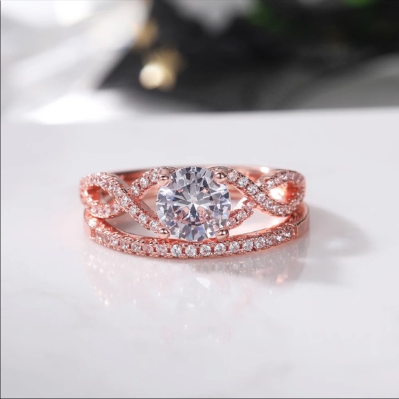 New Lovely 2 Pc Set Rose Gold Plated Diamond Ring - Picture 3 of 6